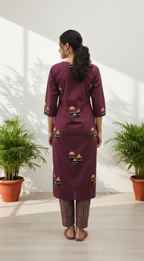 Dark Grape Red Cotton Matka Print Kurta Set with V-Neck, 3/4 Sleeves & Side Pocket