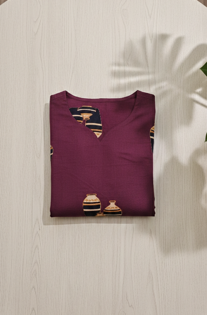 Dark Grape Red Cotton Matka Print Kurta Set with V-Neck, 3/4 Sleeves & Side Pocket