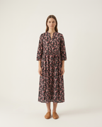 Charcoal Black Cotton Slub Gathered Midi Dress – Delicate Floral Digital Print – Mandarin V-Neck