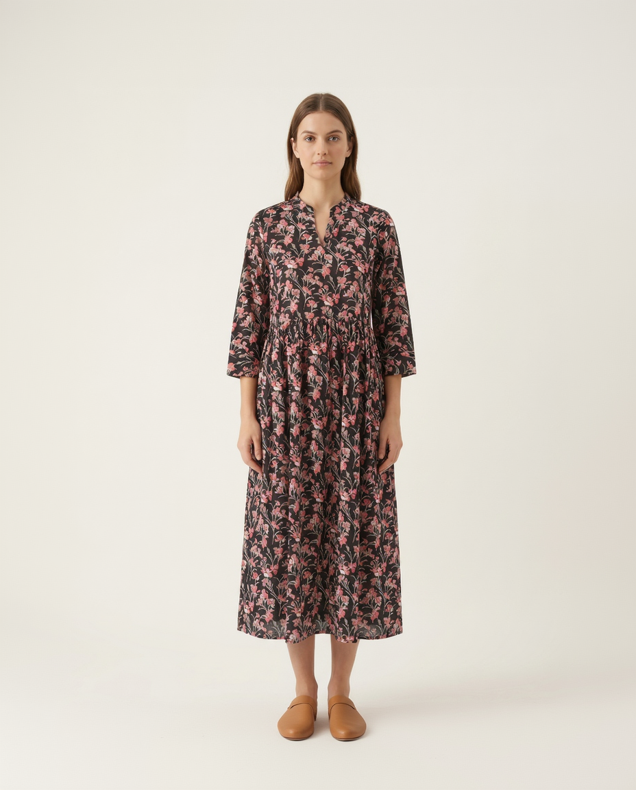 Charcoal Black Cotton Slub Gathered Midi Dress – Delicate Floral Digital Print – Mandarin V-Neck