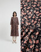 Charcoal Black Cotton Slub Gathered Midi Dress – Delicate Floral Digital Print – Mandarin V-Neck