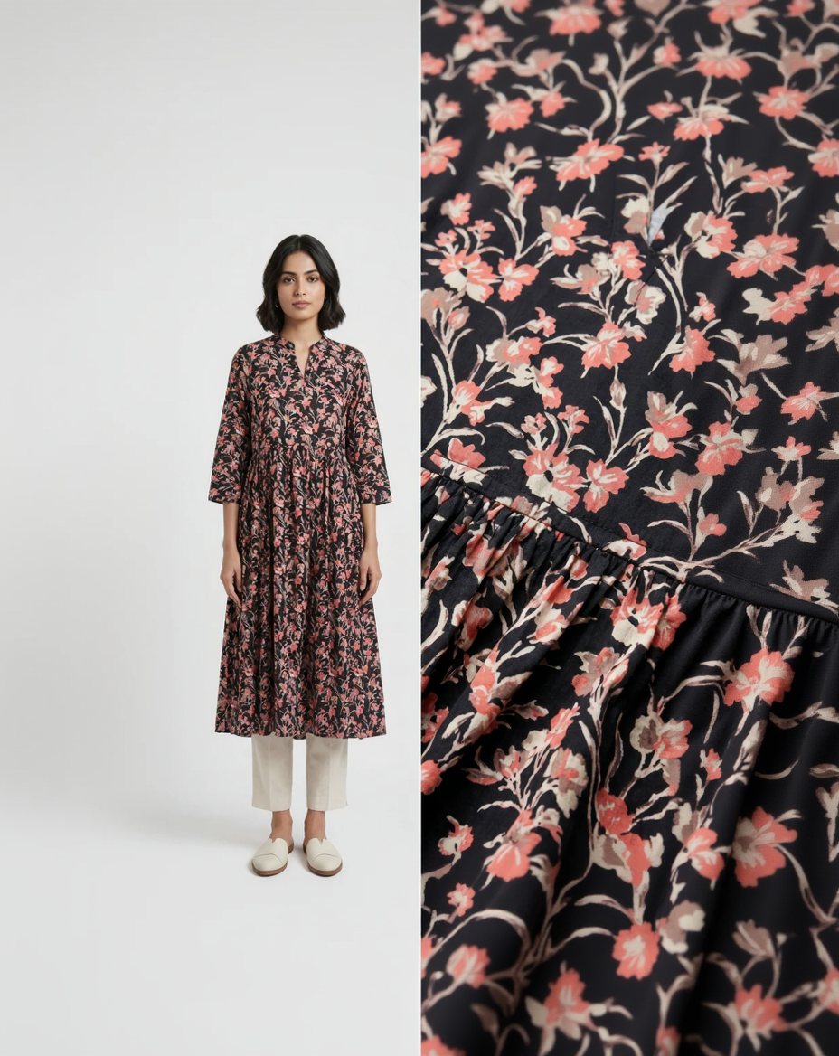 Charcoal Black Cotton Slub Gathered Midi Dress – Delicate Floral Digital Print – Mandarin V-Neck