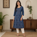 Revanta Blue A-Line Denim Kurta with All-Over Floral Print and Embroidered Button Placket