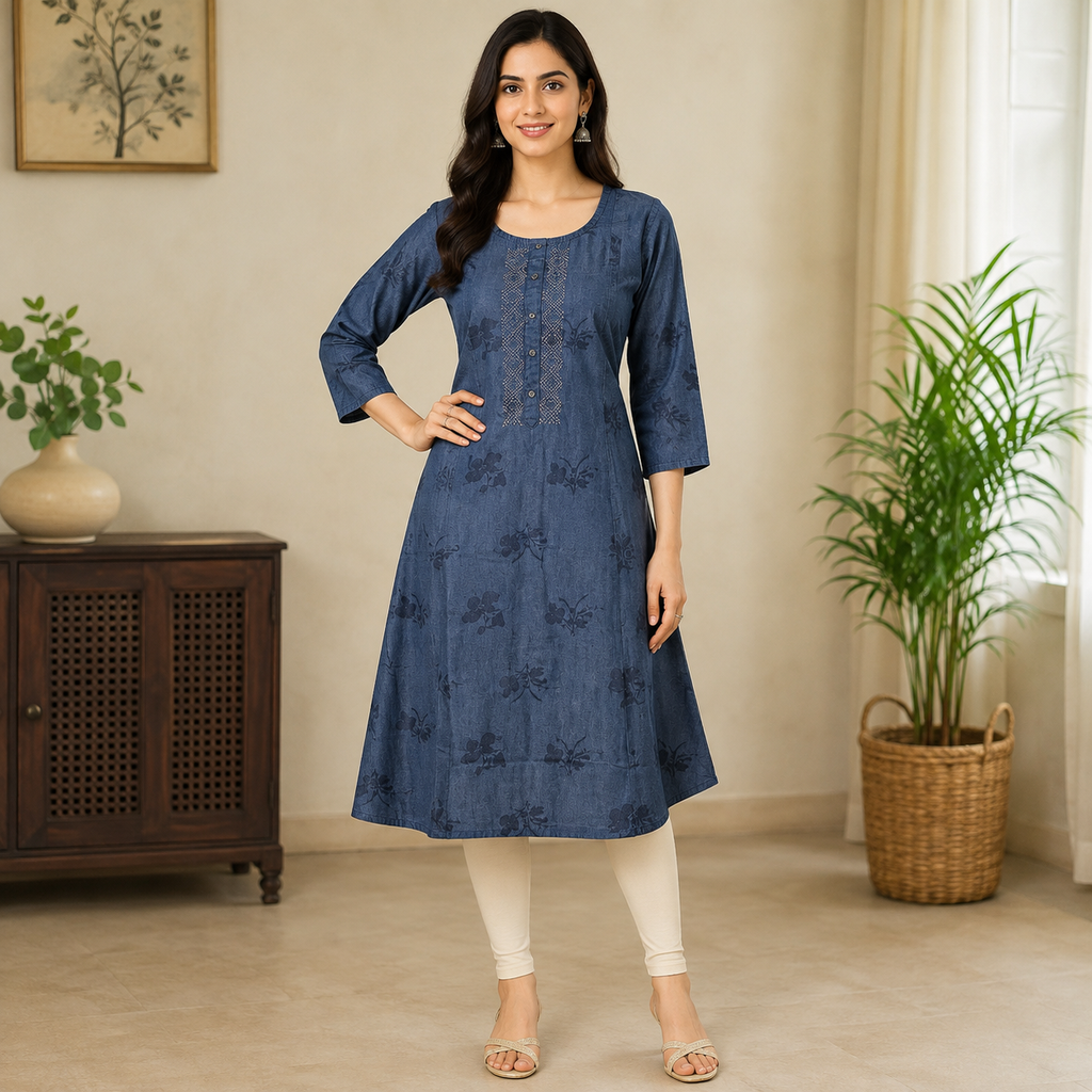 Revanta Blue A-Line Denim Kurta with All-Over Floral Print and Embroidered Button Placket