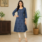 Revanta Blue A-Line Denim Kurta with All-Over Floral Print and Embroidered Button Placket