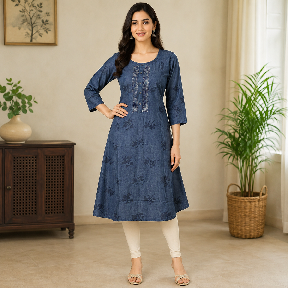 Revanta Blue A-Line Denim Kurta with All-Over Floral Print and Embroidered Button Placket