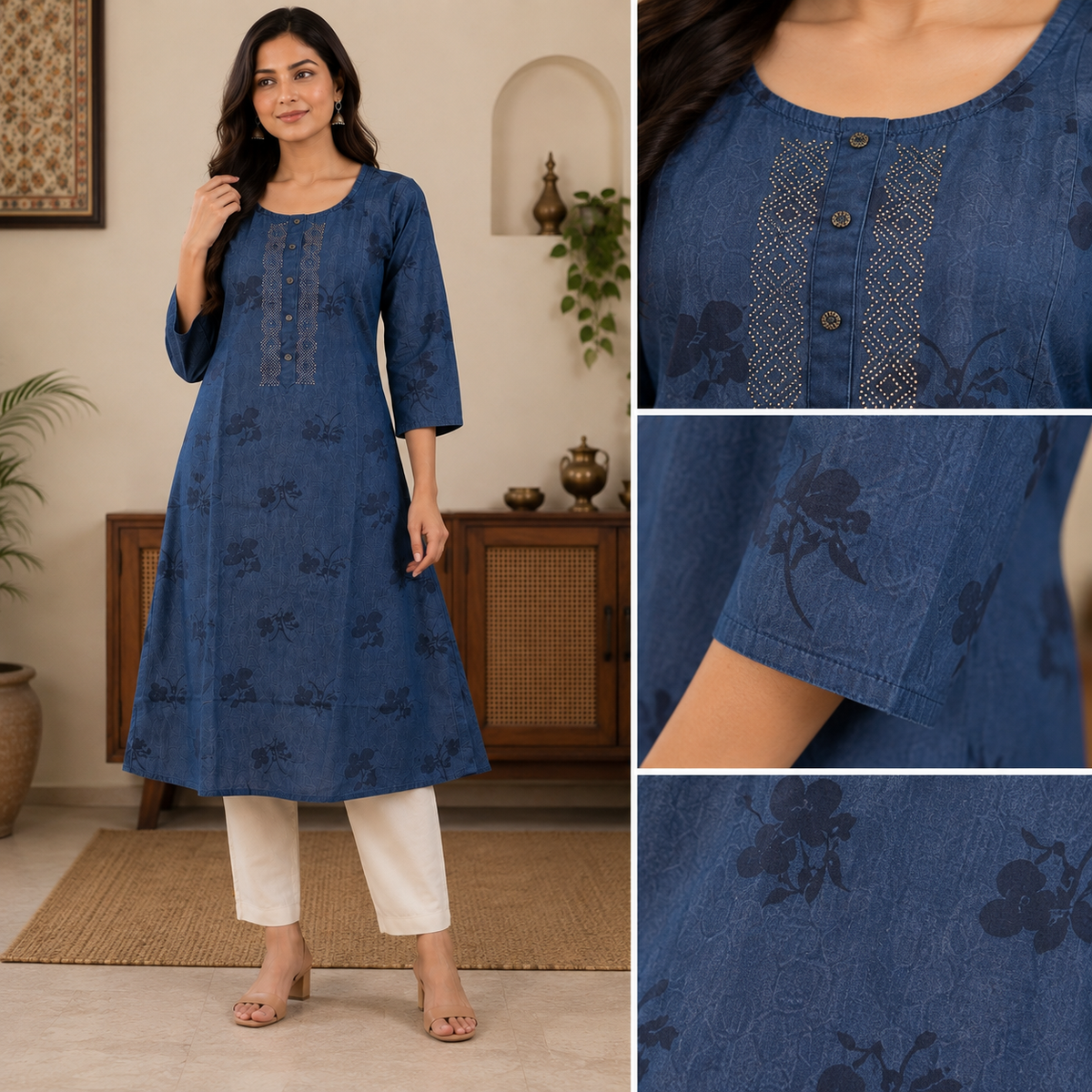 Revanta Blue A-Line Denim Kurta with All-Over Floral Print and Embroidered Button Placket