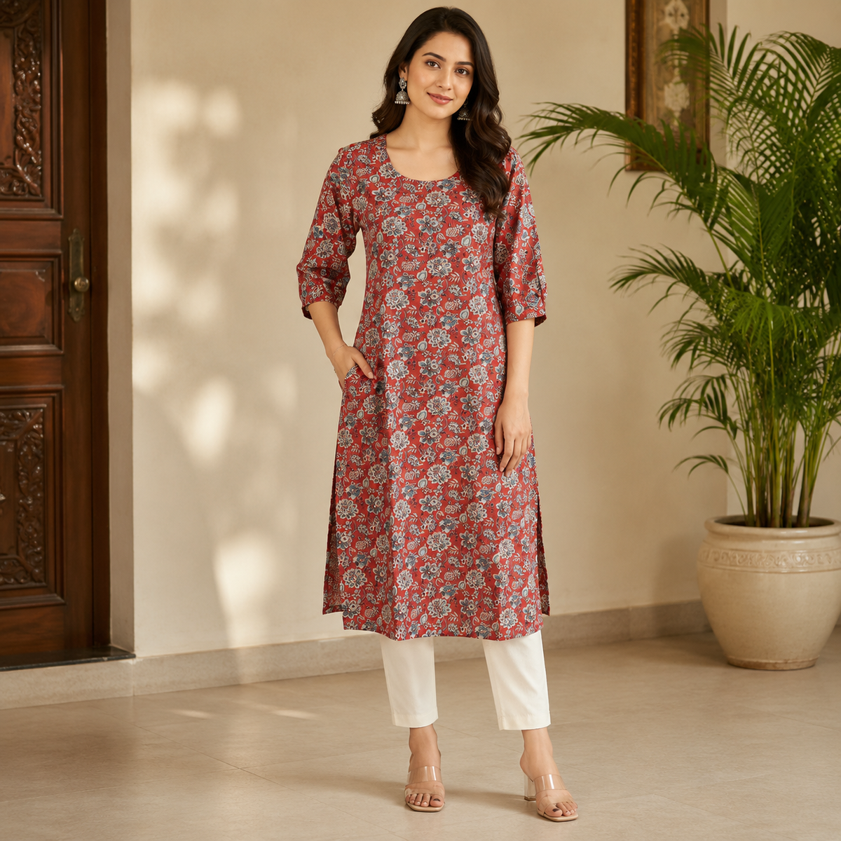 Revanta Red Straight-Fit Cotton Kurta with Intricate Embroidery, Glass Work and Soft Lining