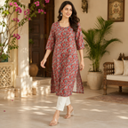 Revanta Red Straight-Fit Cotton Kurta with Intricate Embroidery, Glass Work and Soft Lining