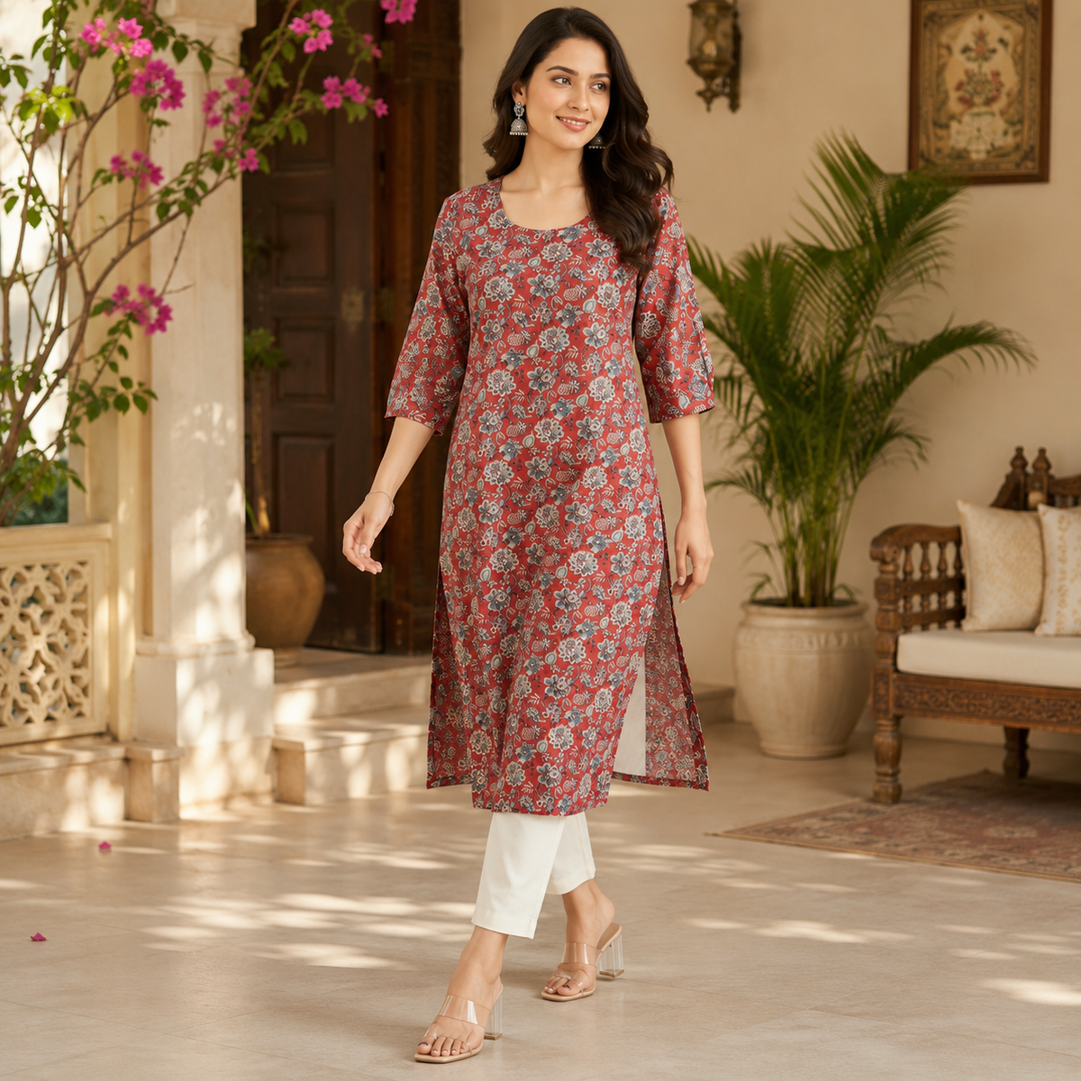 Revanta Red Straight-Fit Cotton Kurta with Intricate Embroidery, Glass Work and Soft Lining