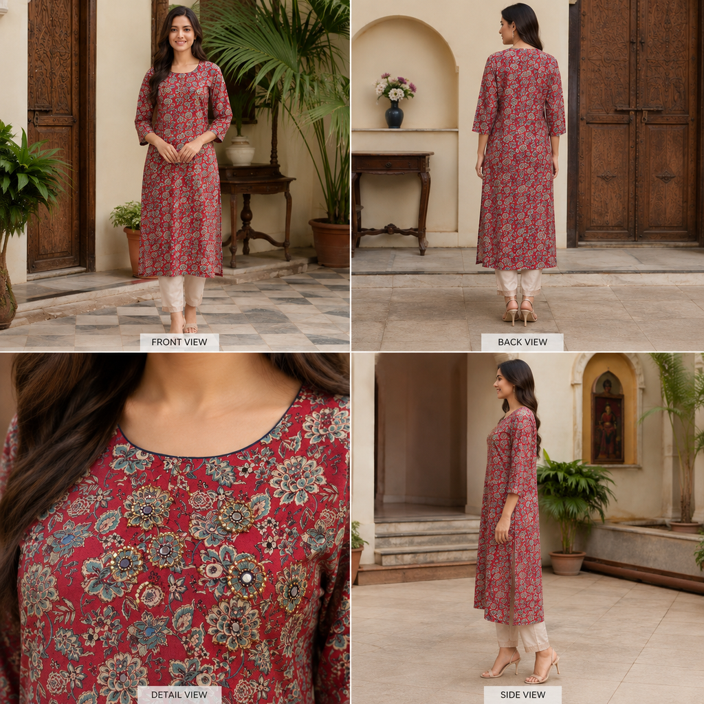 Revanta Red Straight-Fit Cotton Kurta with Intricate Embroidery, Glass Work and Soft Lining