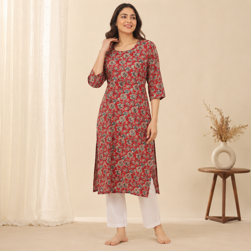 Revanta Red Straight-Fit Cotton Kurta with Intricate Embroidery, Glass Work and Soft Lining