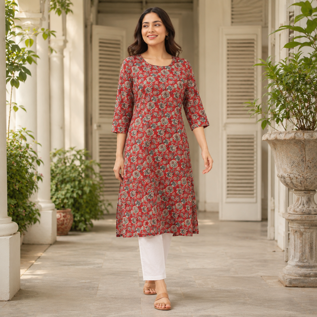 Revanta Red Straight-Fit Cotton Kurta with Intricate Embroidery, Glass Work and Soft Lining