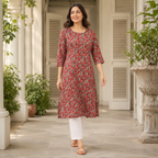 Revanta Red Straight-Fit Cotton Kurta with Intricate Embroidery, Glass Work and Soft Lining