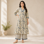 Anvita Off-White Printed Kurta Co-Ord Set with Blue Floral Motifs, Contrast Neckline & Hem Detailing
