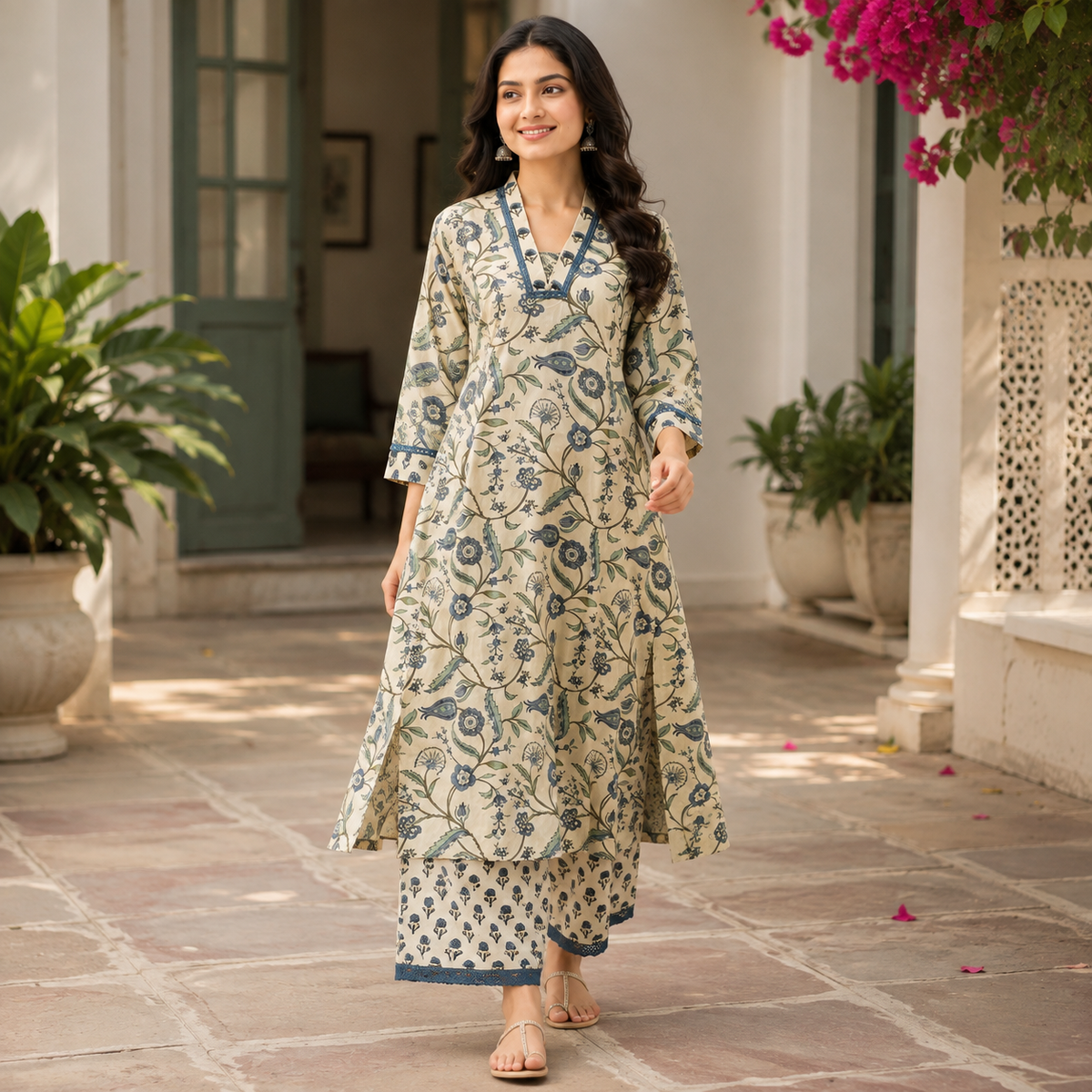 Anvita Off-White Printed Kurta Co-Ord Set with Blue Floral Motifs, Contrast Neckline & Hem Detailing