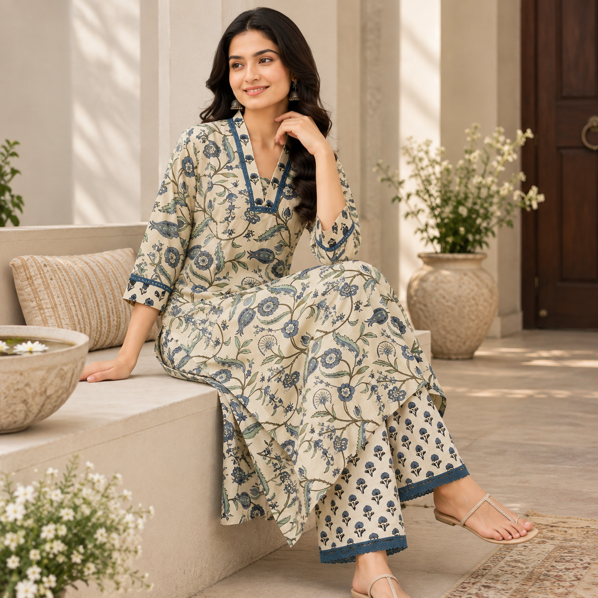Anvita Off-White Printed Kurta Co-Ord Set with Blue Floral Motifs, Contrast Neckline & Hem Detailing