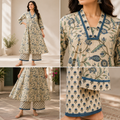 Anvita Off-White Printed Kurta Co-Ord Set with Blue Floral Motifs, Contrast Neckline & Hem Detailing