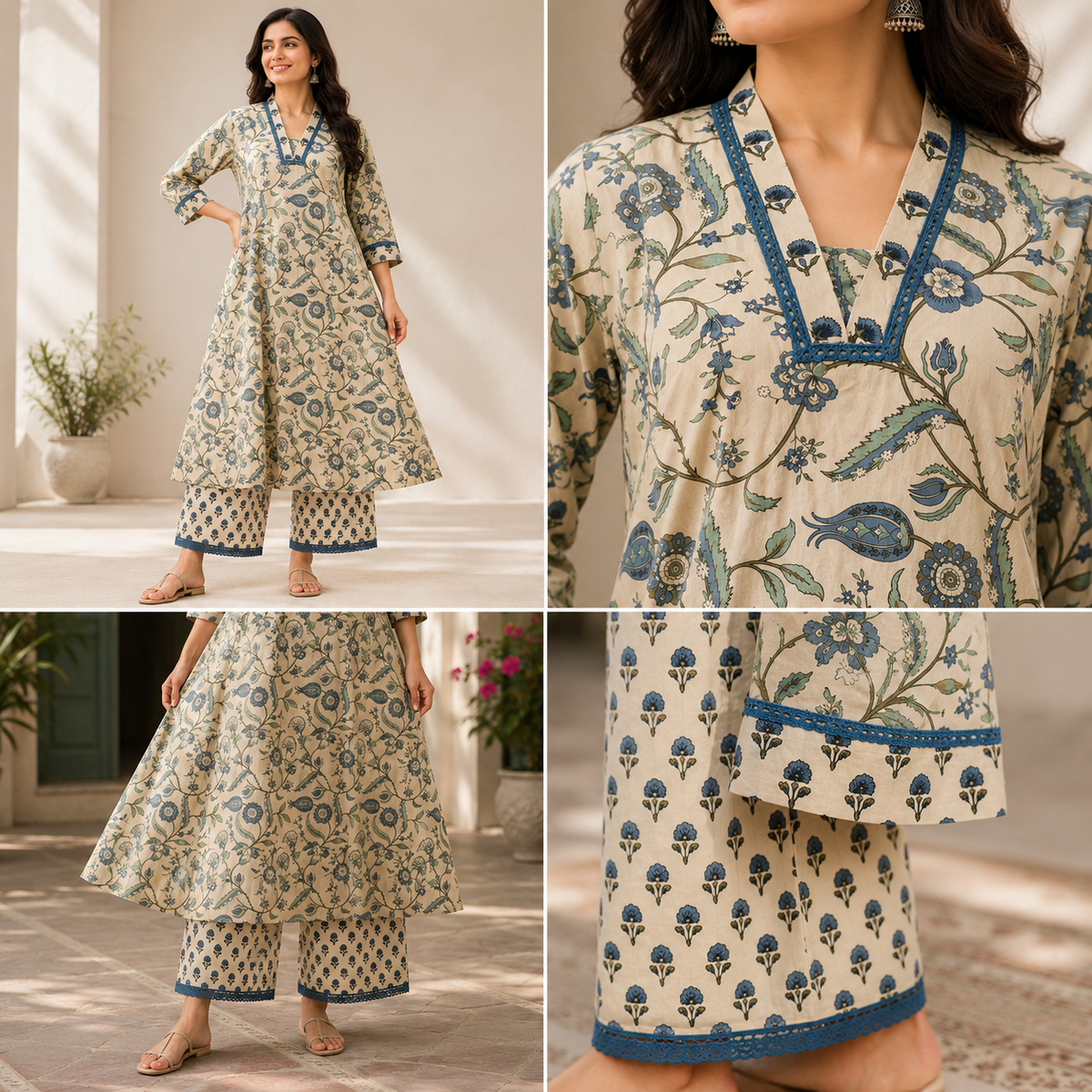 Anvita Off-White Printed Kurta Co-Ord Set with Blue Floral Motifs, Contrast Neckline & Hem Detailing