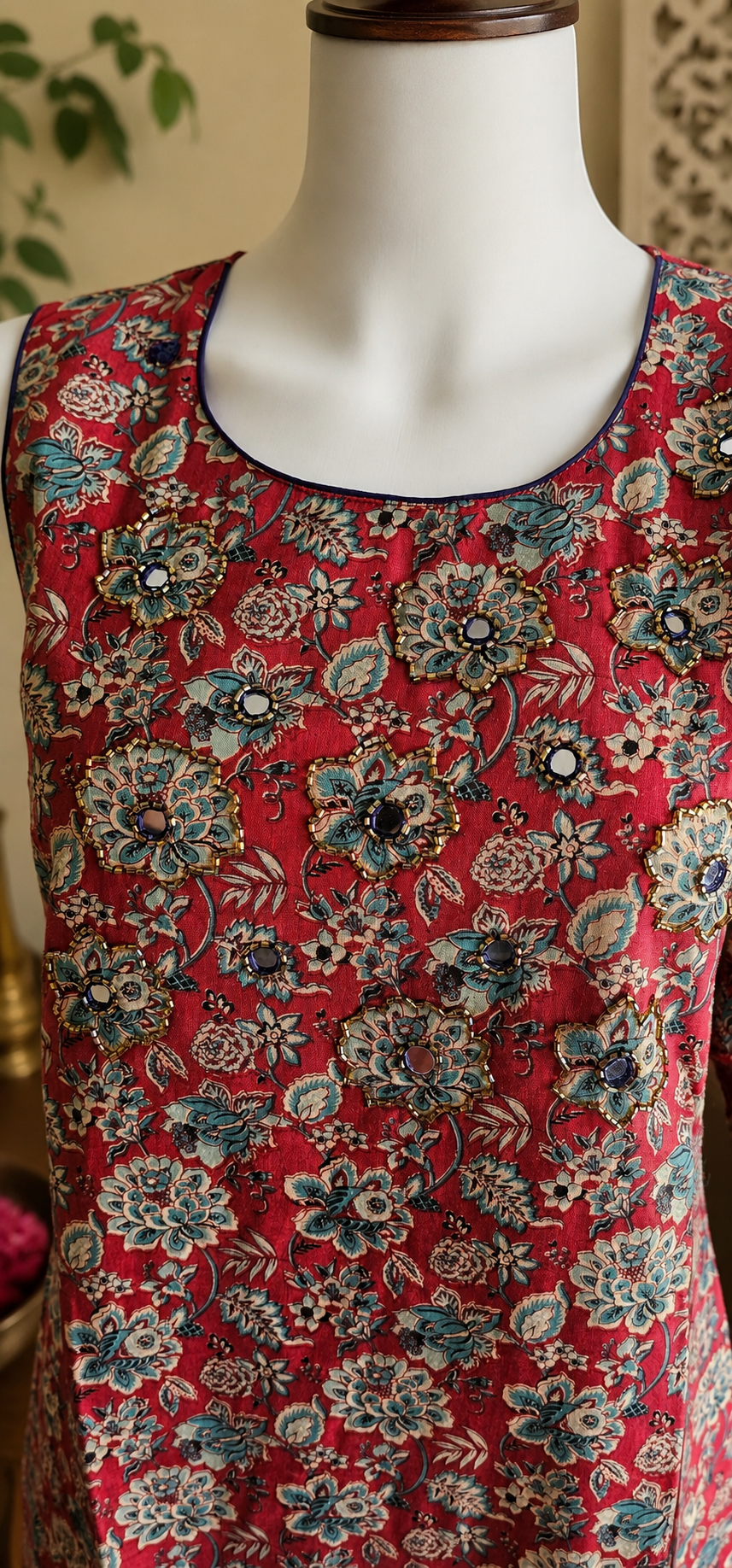Revanta Red Straight-Fit Cotton Kurta with Intricate Embroidery, Glass Work and Soft Lining