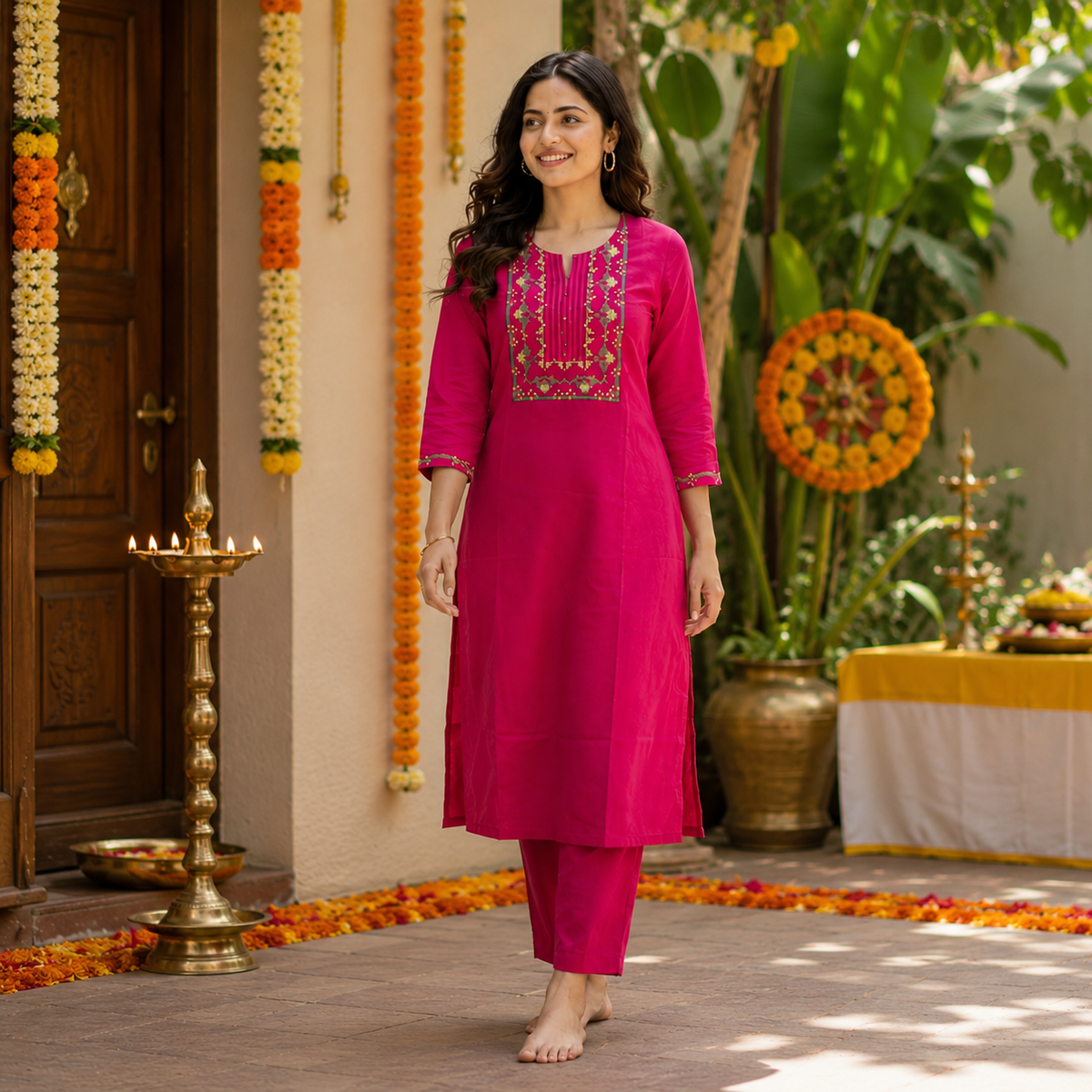 Anvita Fuchsia Pink Cotton Kurta & Palazzo set
