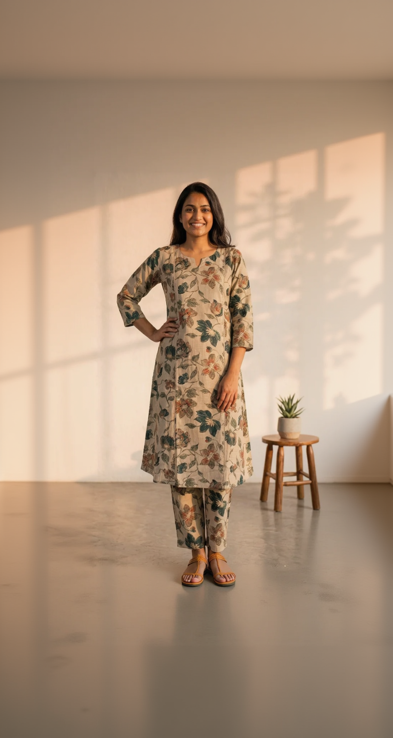 Cream Floral Kalamkari Inspired Cotton Kurta Set – Vintage Slate & Earthy Rose Prints – Elegant Daily Wear for Women