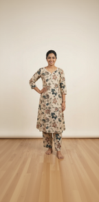 Cream Floral Kalamkari Inspired Cotton Kurta Set – Vintage Slate & Earthy Rose Prints – Elegant Daily Wear for Women