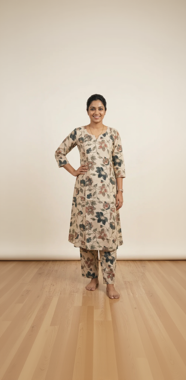 Cream Floral Kalamkari Inspired Cotton Kurta Set – Vintage Slate & Earthy Rose Prints – Elegant Daily Wear for Women