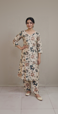 Cream Floral Kalamkari Inspired Cotton Kurta Set – Vintage Slate & Earthy Rose Prints – Elegant Daily Wear for Women