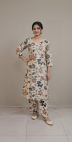 Cream Floral Kalamkari Inspired Cotton Kurta Set – Vintage Slate & Earthy Rose Prints – Elegant Daily Wear for Women