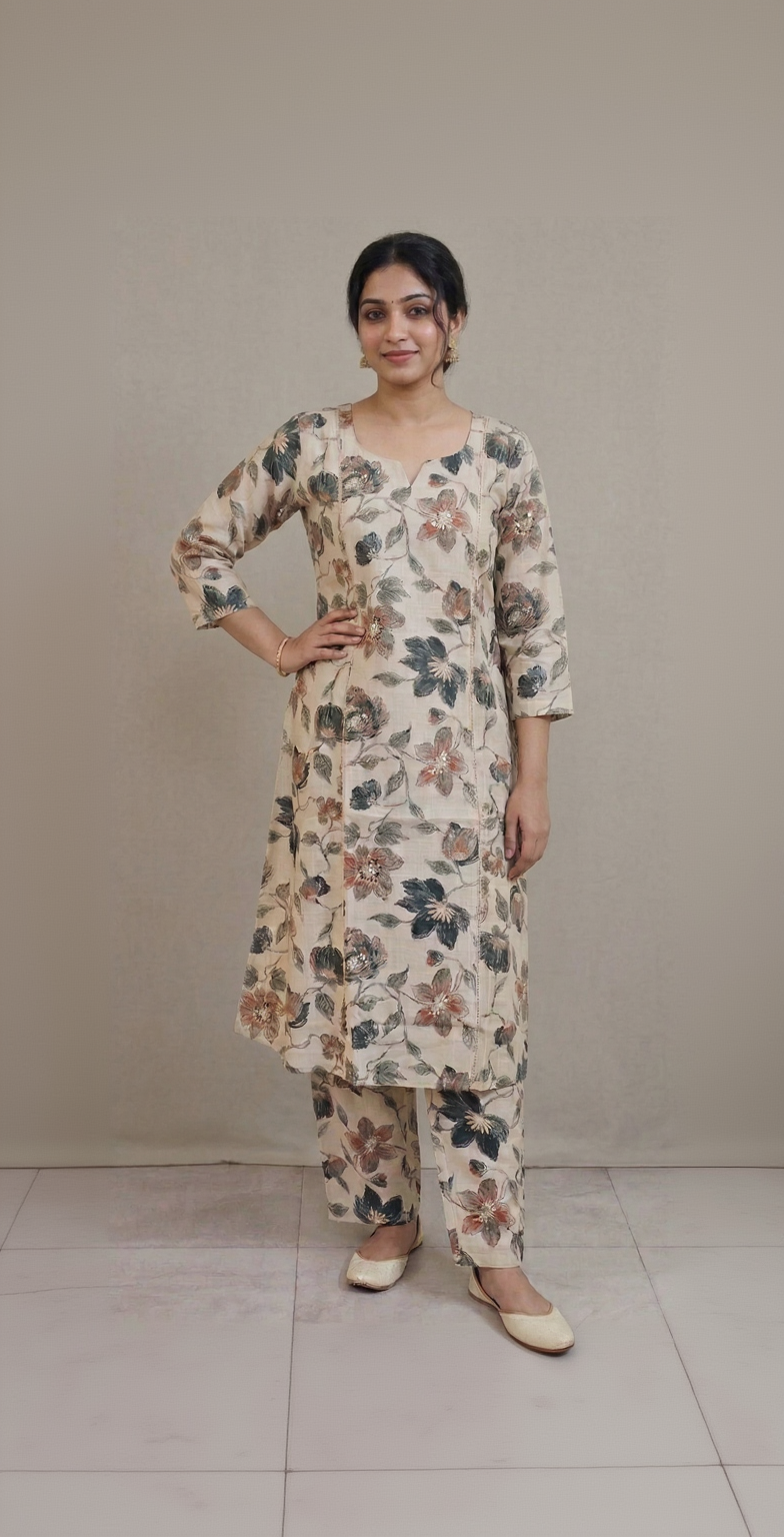 Cream Floral Kalamkari Inspired Cotton Kurta Set – Vintage Slate & Earthy Rose Prints – Elegant Daily Wear for Women