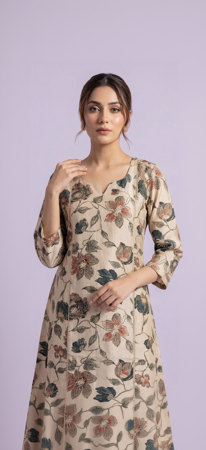 Cream Floral Kalamkari Inspired Cotton Kurta Set – Vintage Slate & Earthy Rose Prints – Elegant Daily Wear for Women