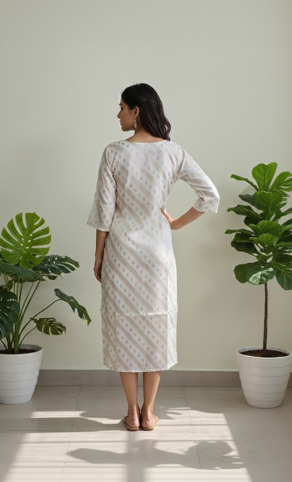 Cream Banaras Silk-Style A-Line Dress for Women – Textured Geometric Occasion Wear