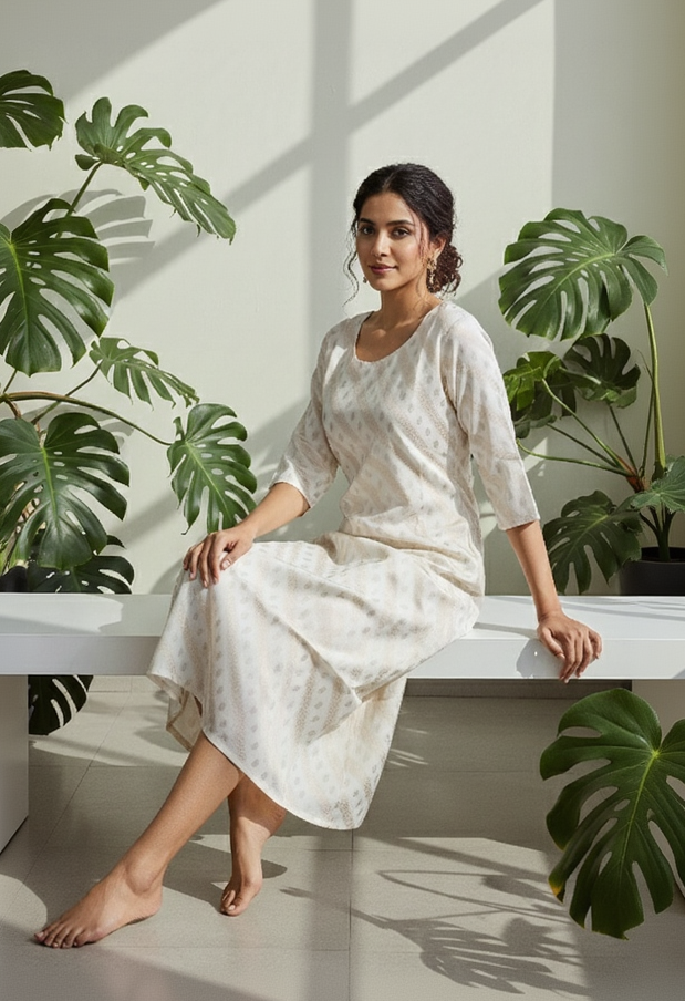 Cream Banaras Silk-Style A-Line Dress for Women – Textured Geometric Occasion Wear