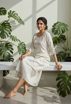 Cream Banaras Silk-Style A-Line Dress for Women – Textured Geometric Occasion Wear