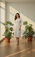 Cream Banaras Silk-Style A-Line Dress for Women – Textured Geometric Occasion Wear