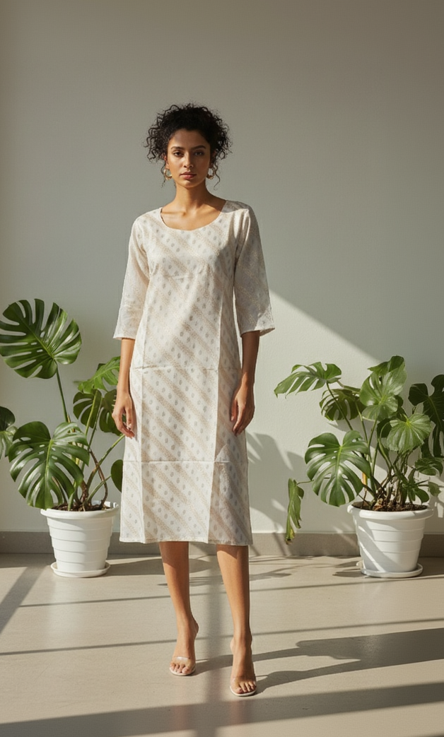 Cream Banaras Silk-Style A-Line Dress for Women – Textured Geometric Occasion Wear