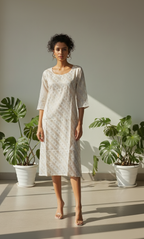 Cream Banaras Silk-Style A-Line Dress for Women – Textured Geometric Occasion Wear