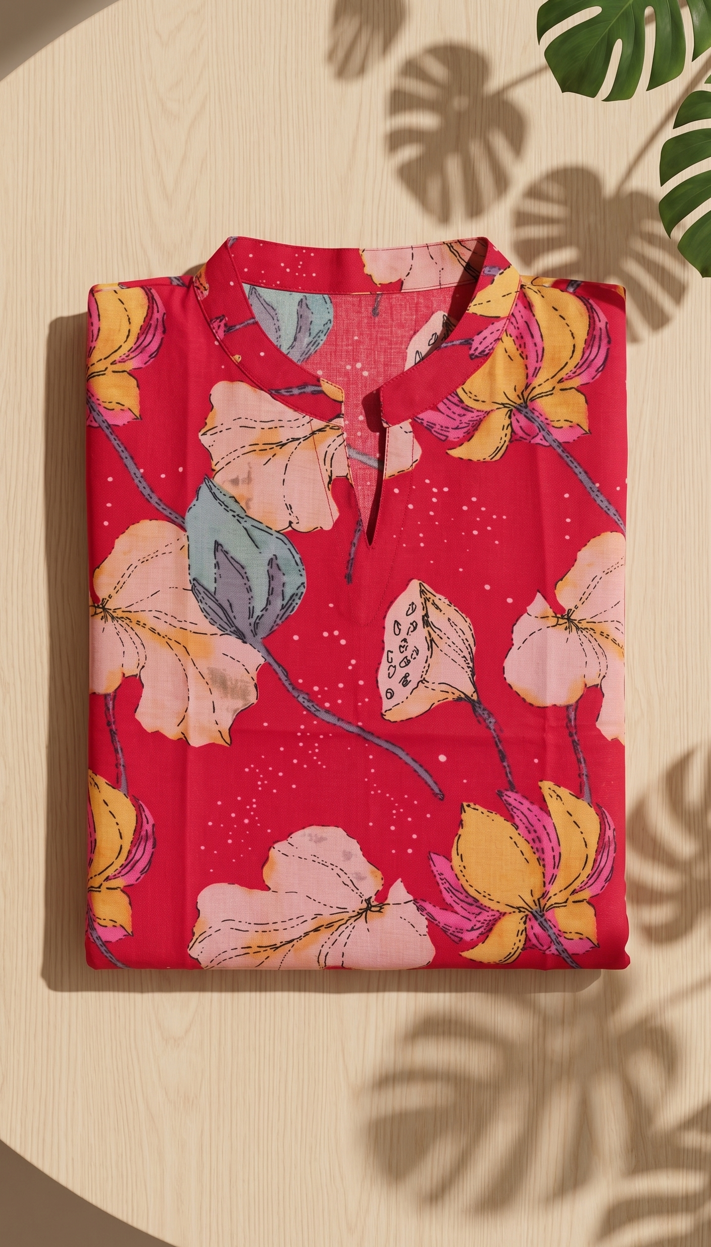 Crimson Red Cotton Slub Kurta – Vibrant Floral Digital Print – Chic Daily Wear