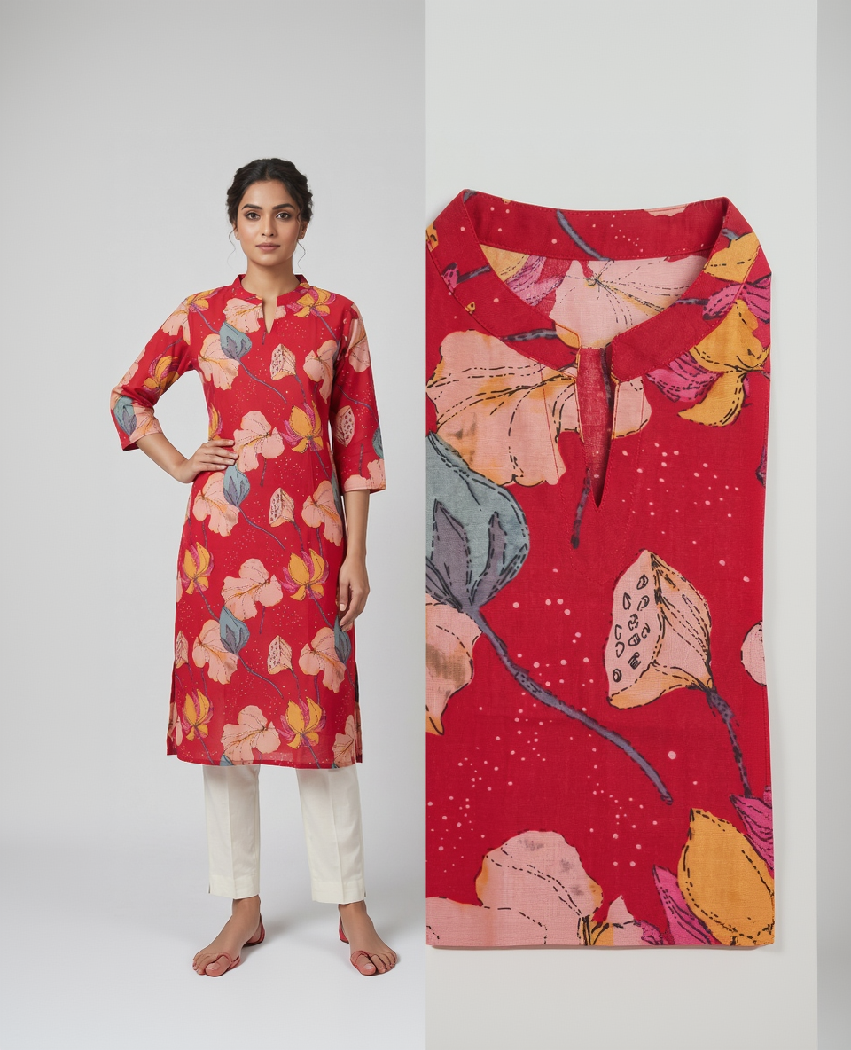 Crimson Red Cotton Slub Kurta – Vibrant Floral Digital Print – Chic Daily Wear