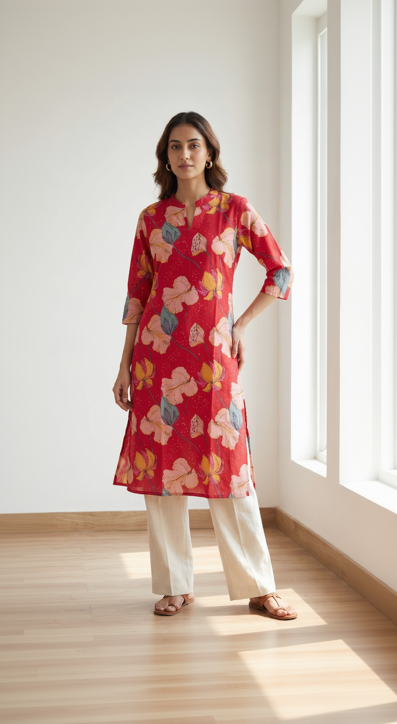 Crimson Red Cotton Slub Kurta – Vibrant Floral Digital Print – Chic Daily Wear