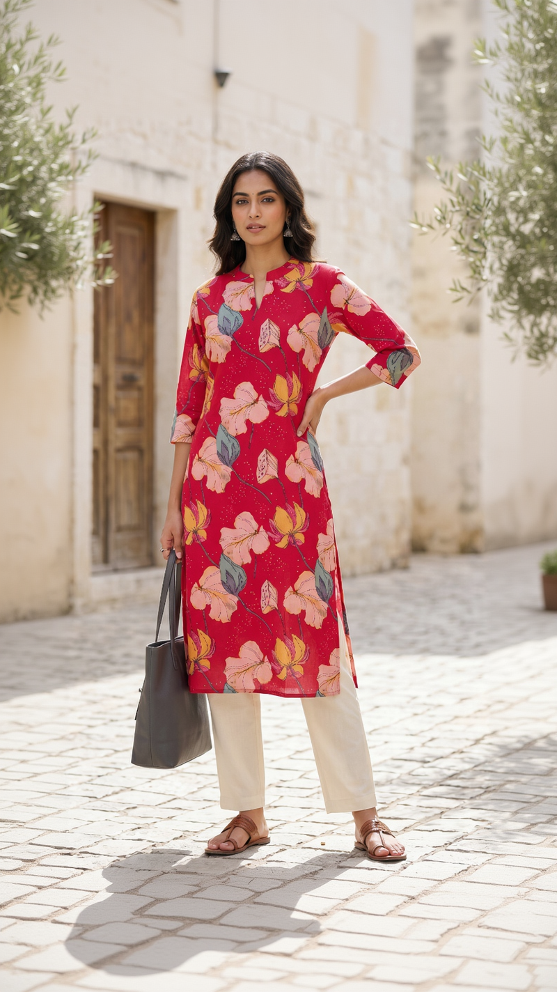 Crimson Red Cotton Slub Kurta – Vibrant Floral Digital Print – Chic Daily Wear