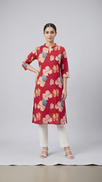 Crimson Red Cotton Slub Kurta – Vibrant Floral Digital Print – Chic Daily Wear