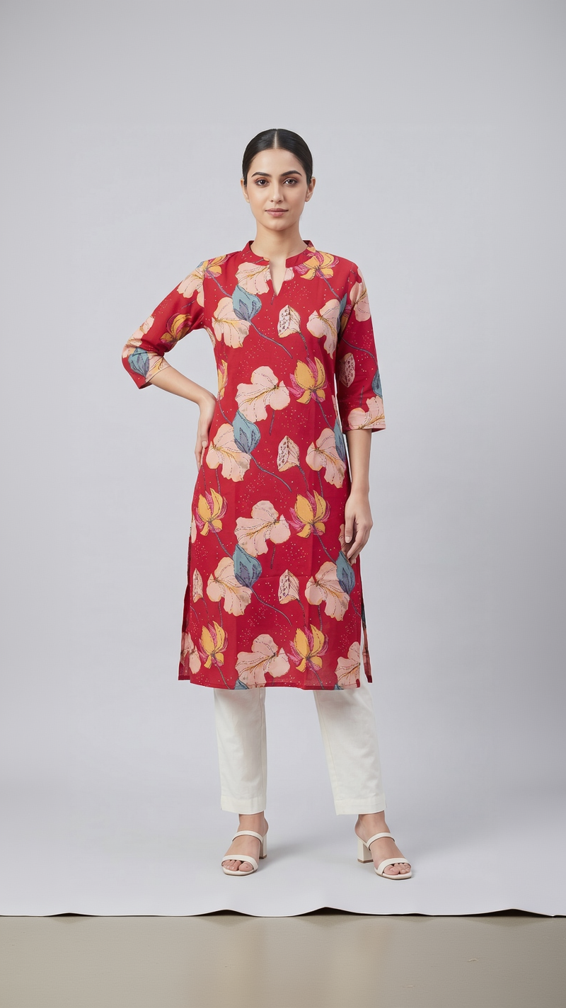 Crimson Red Cotton Slub Kurta – Vibrant Floral Digital Print – Chic Daily Wear