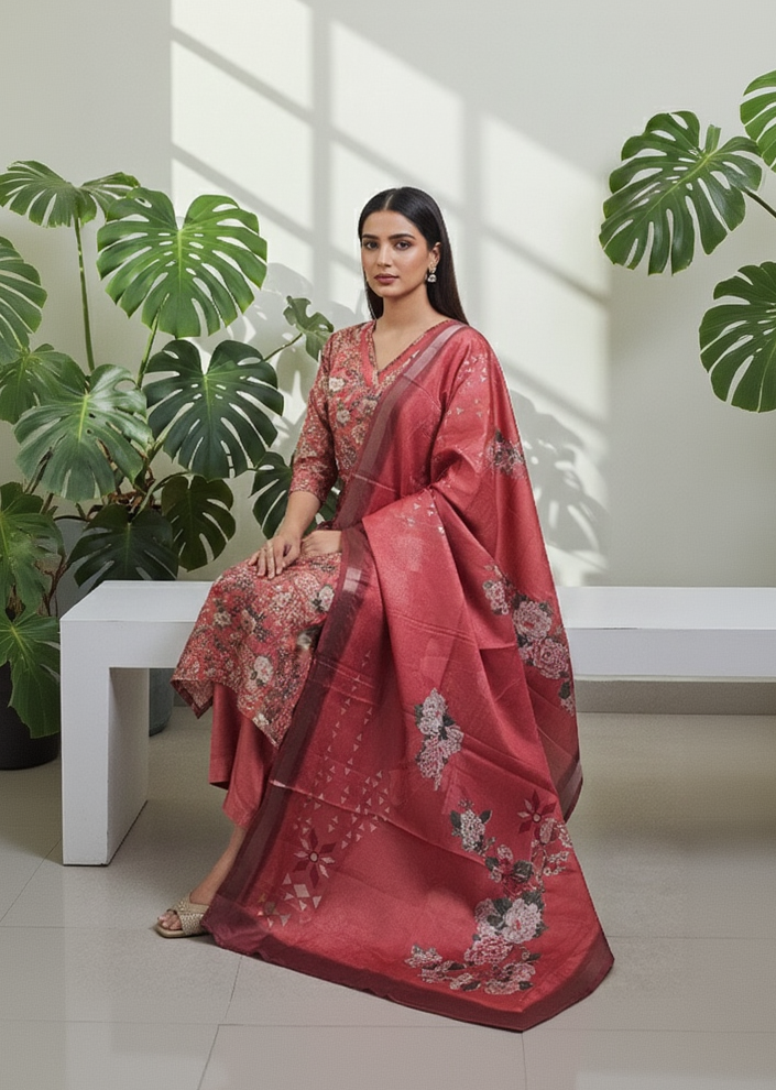 Women’s Premium Imported Silk Straight 3-Piece Suit in Antique Gold & Crimson Red – Floral Digital Print