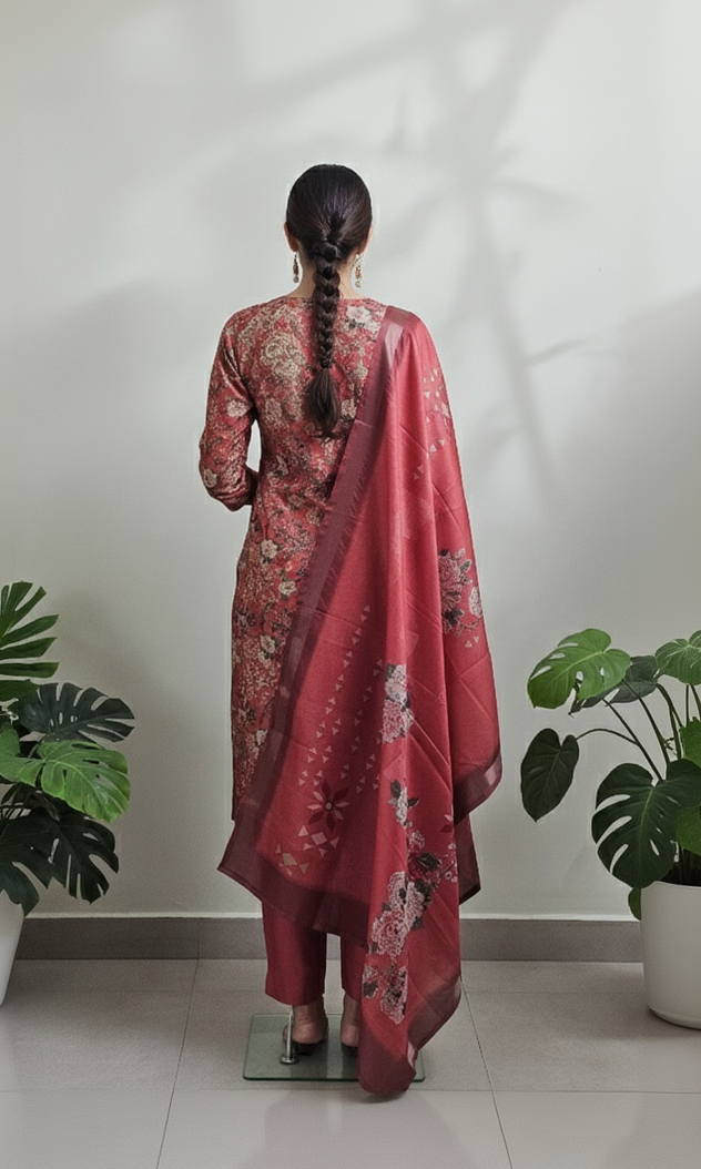 Women’s Premium Imported Silk Straight 3-Piece Suit in Antique Gold & Crimson Red – Floral Digital Print