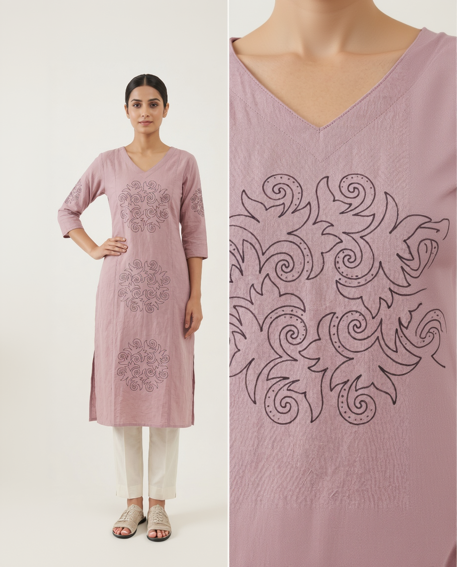 Women’s A-Line Kurti in Crushed Nylon with Scroll Embroidery and Lining