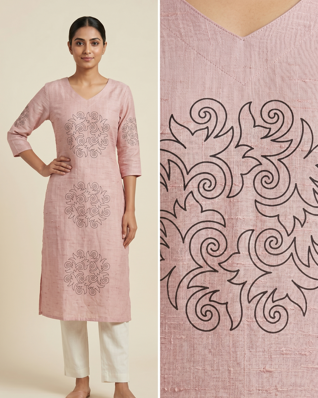 Women’s A-Line Kurti in Crushed Nylon with Scroll Embroidery and Lining