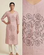 Women’s A-Line Kurti in Crushed Nylon with Scroll Embroidery and Lining