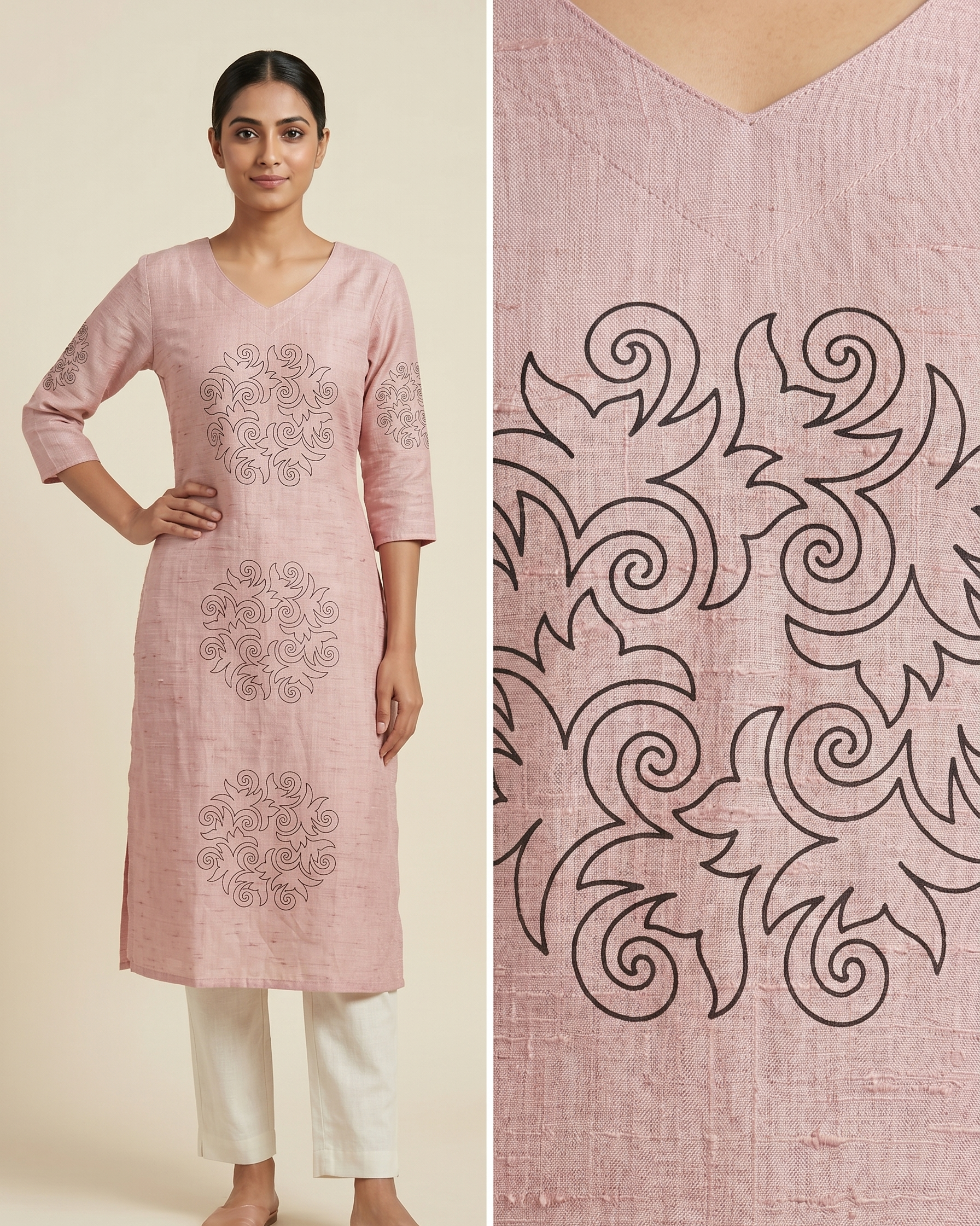 Women’s A-Line Kurti in Crushed Nylon with Scroll Embroidery and Lining